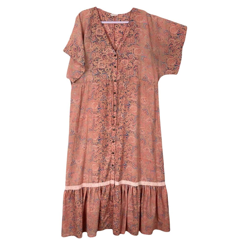 NWOT BOEMO Dress L Paisley Floral Pink Tiered Bow-Tie Crochet Maxi Midi Short-Sl